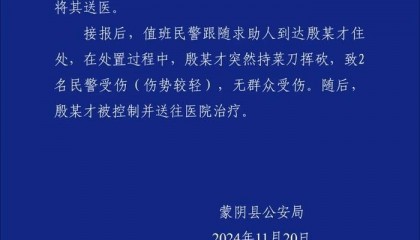 山东蒙阴县警方:两名民警协助有精神病史男子送医,遭持刀挥砍受伤